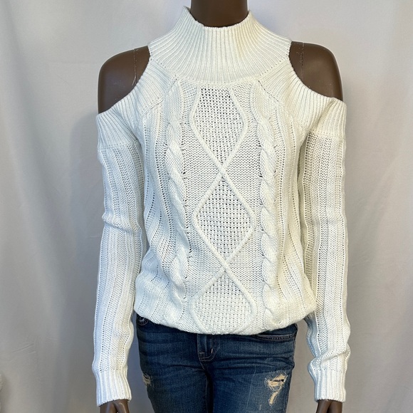 Elan White Cable Knit Cold Shoulder Sweater - Picture 1 of 9